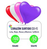 Bolsa 100 Globos 30 cm ø CORAZON ESTANDAR SURTIDO (33F) - GLOBEST