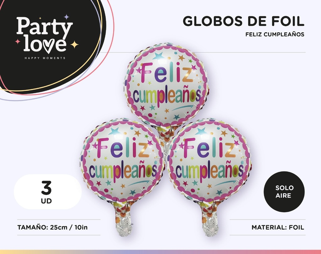 GLOBO FOIL CUMPLE ESTRELLAS BORDE ROSA 10" 3UDS SOLO AIRE