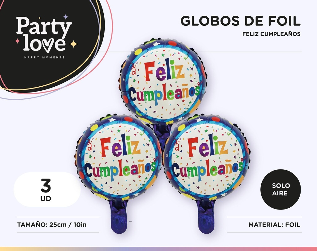 GLOBO FOIL CUMPLE CIRCULO MULTICOLOR  10" 3 UDS SOLO AIRE