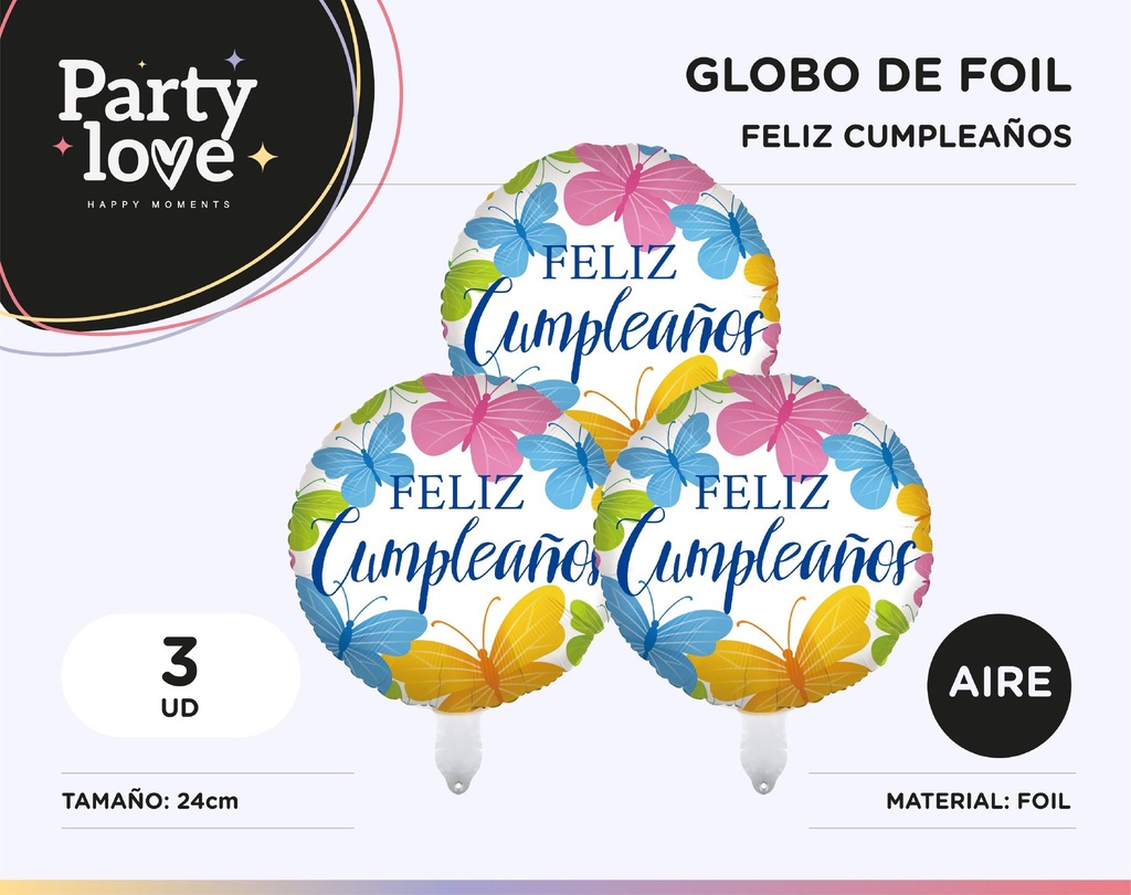GLOBO CUMPLE MARIPOSA 10" 3 UDS SOLO AIRE
