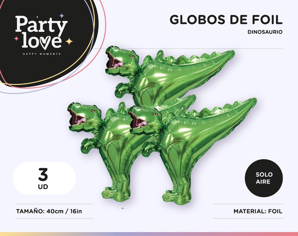 GLOBO FOIL DINOSAURIO REX VERDE 38X40CM 3 UDS SOLO AIRE