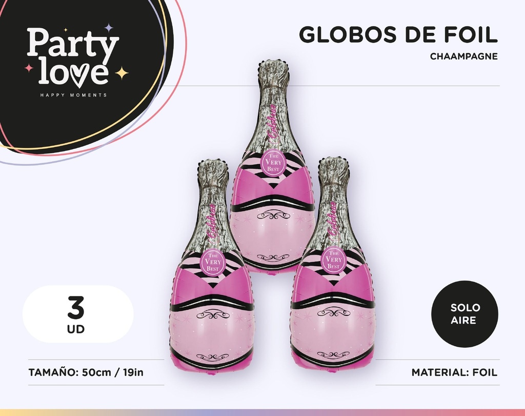 [10239] GLOBO FOIL BOTELLA DE CHAMPAGNE ROSA 21 5X50CM 3 UDS SOLO AIRE