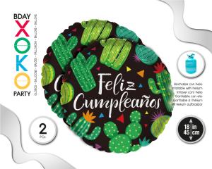 GLOBO MYLAR 2PC FELIZ CUMPLE 18PULG CACTUS