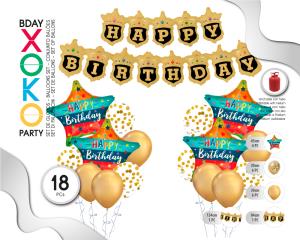SET GLOBO CON BANNER HAPPY BDAY ORO/NEGRO 18PC