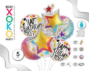 SET GLOBO MYLAR 5PC HAPPY BDAY ESTRELLAS