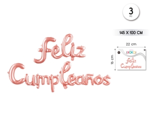 PACK GLOBO MYLAR FELIZ CUMPLE ORO ROSA