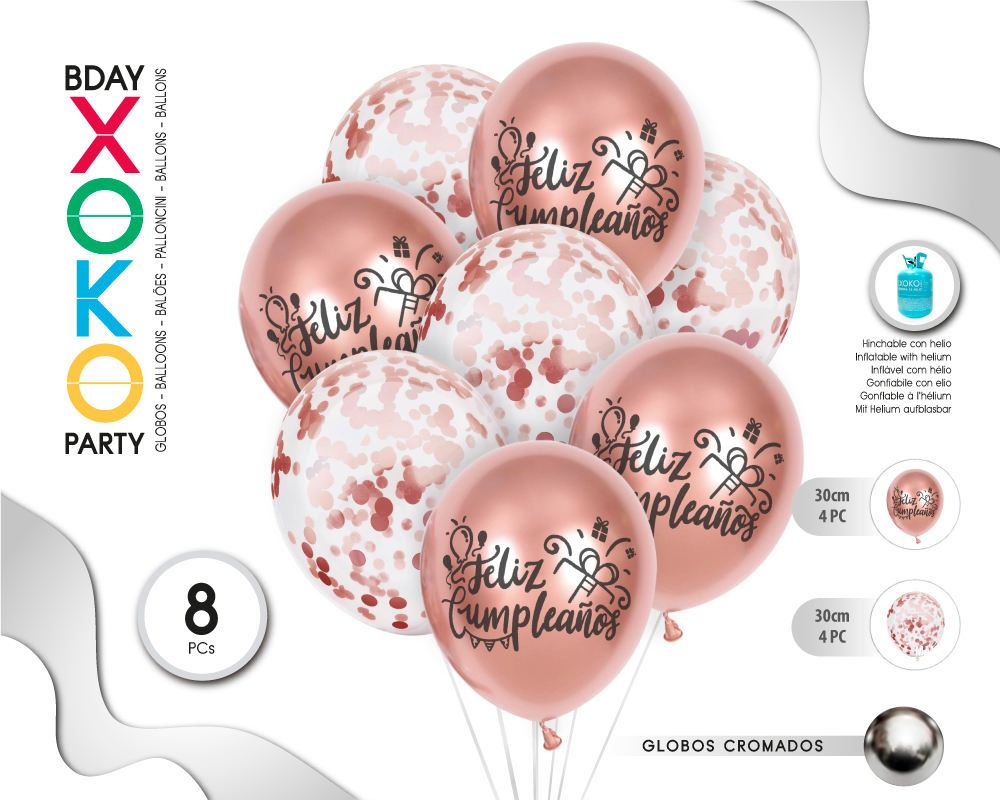 SET ORO ROSA PRINT FELIZ C 8PC GLOBOS