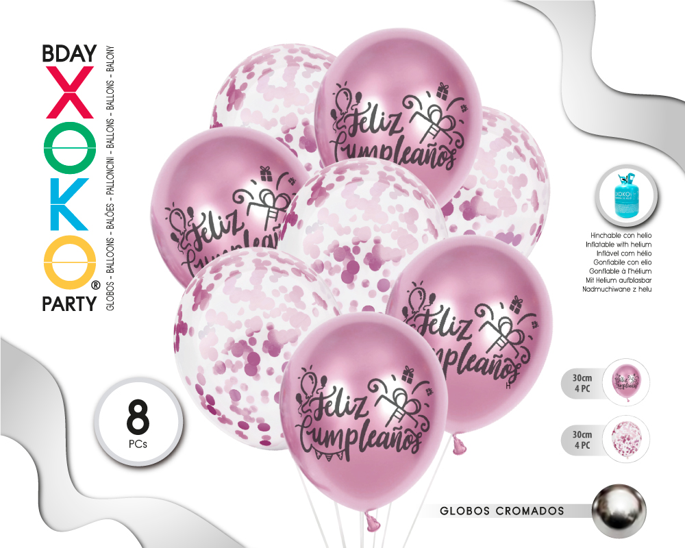 [57557] SET GLOBOS ROSA PRINT FELIZ C 8PC