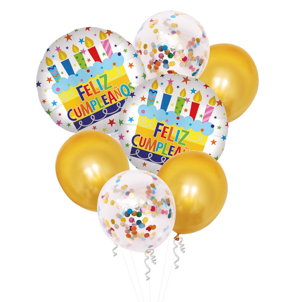 SET GLOBO FELIZ CUMPLEAÑOS ORO/BL 7PC (SIN HELIO)