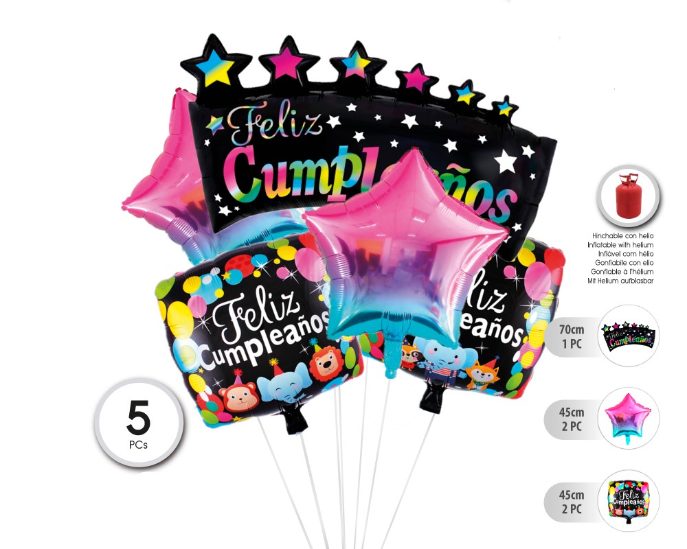 SET GLOBO MYLAR FELIZ CUMPLE 5PC (SIN HELIO)