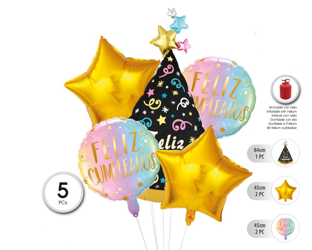 SET GLOBO MYLAR GORRO FELIZ CUMPLE 5PC (SIN HELIO)