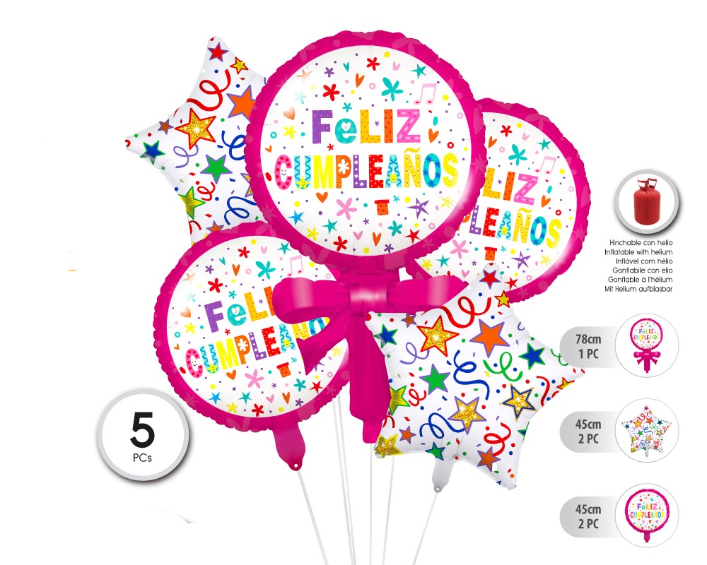 SET GLOBO MYLAR PIRULETA DE LAZO 5PC (SIN HELIO)