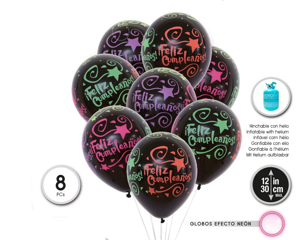 GLOBOS LATEX NEGRO 8PC 30CM/2.8G FELIZ C FLUOR (SIN HELIO)