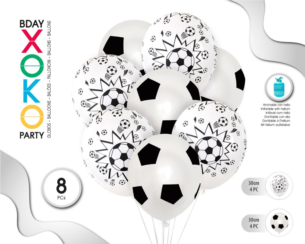 [55145] GLOBOS LATEX BLANCO 8PC 30CM/2.8G FUTBOL