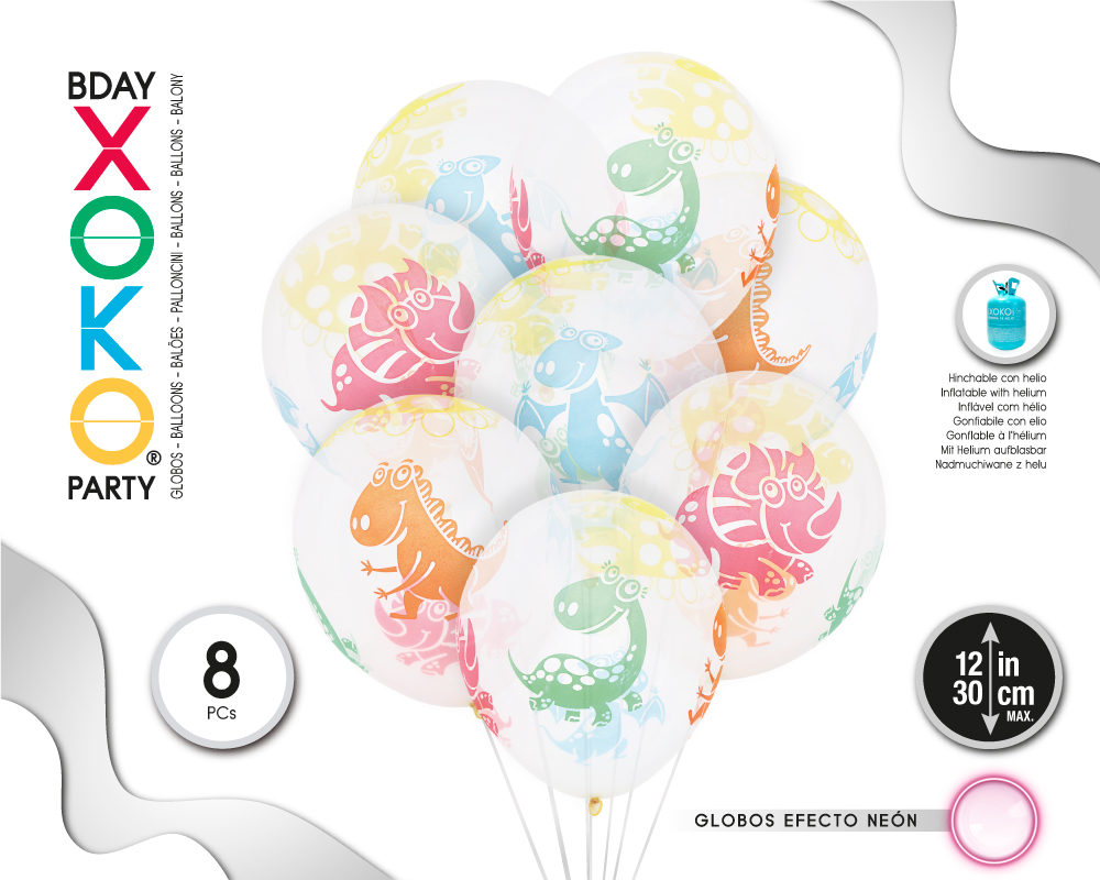 [55114] GLOBOS LATEX TRANSPARENTE 8PC 30CM/2.8G DINO FLUOR
