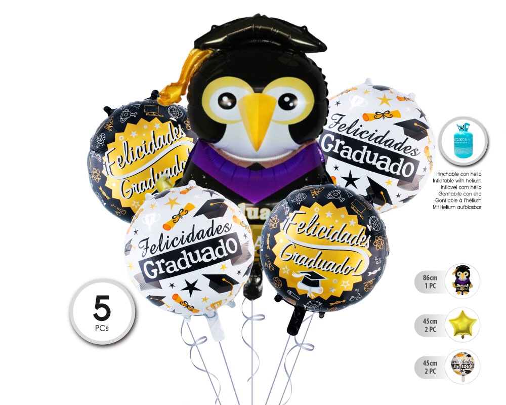 [56017] SET GLOBO MYLAR 5PC GRADUADO BUHO (SIN HELIO)