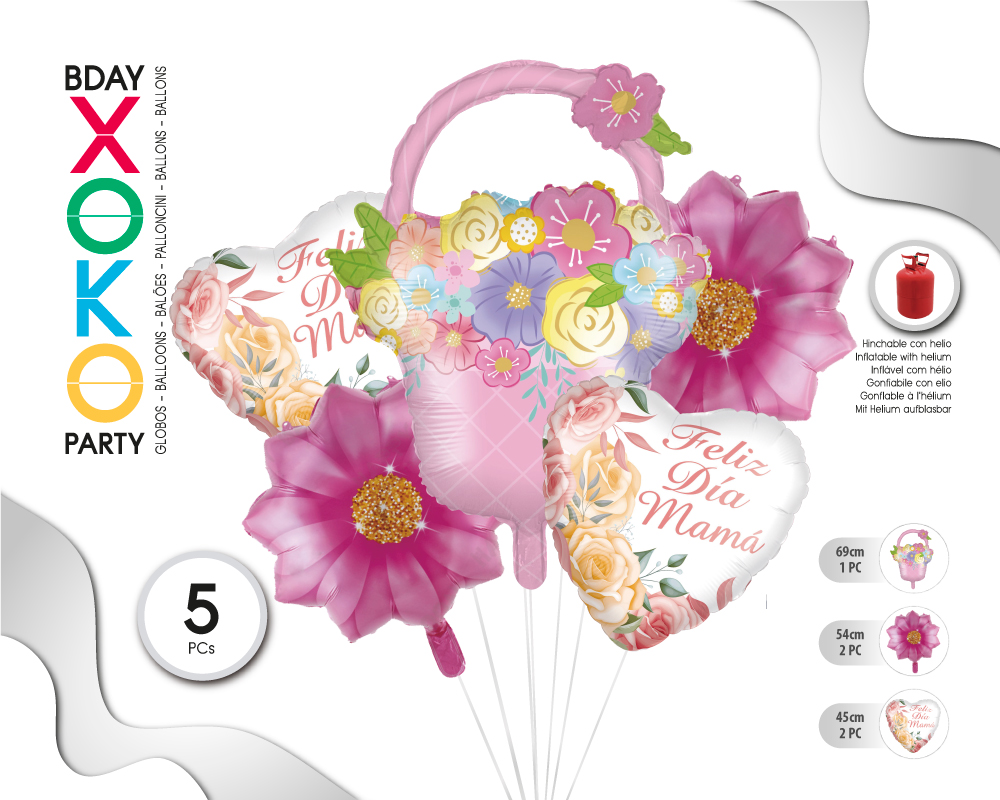 [55822] SET GLOBO MYLAR 5PC MADRE CESTA ROSA
