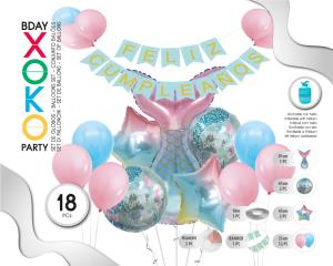 SET GLOBOS CON BANNER FELIZ C 18PC MERMAID