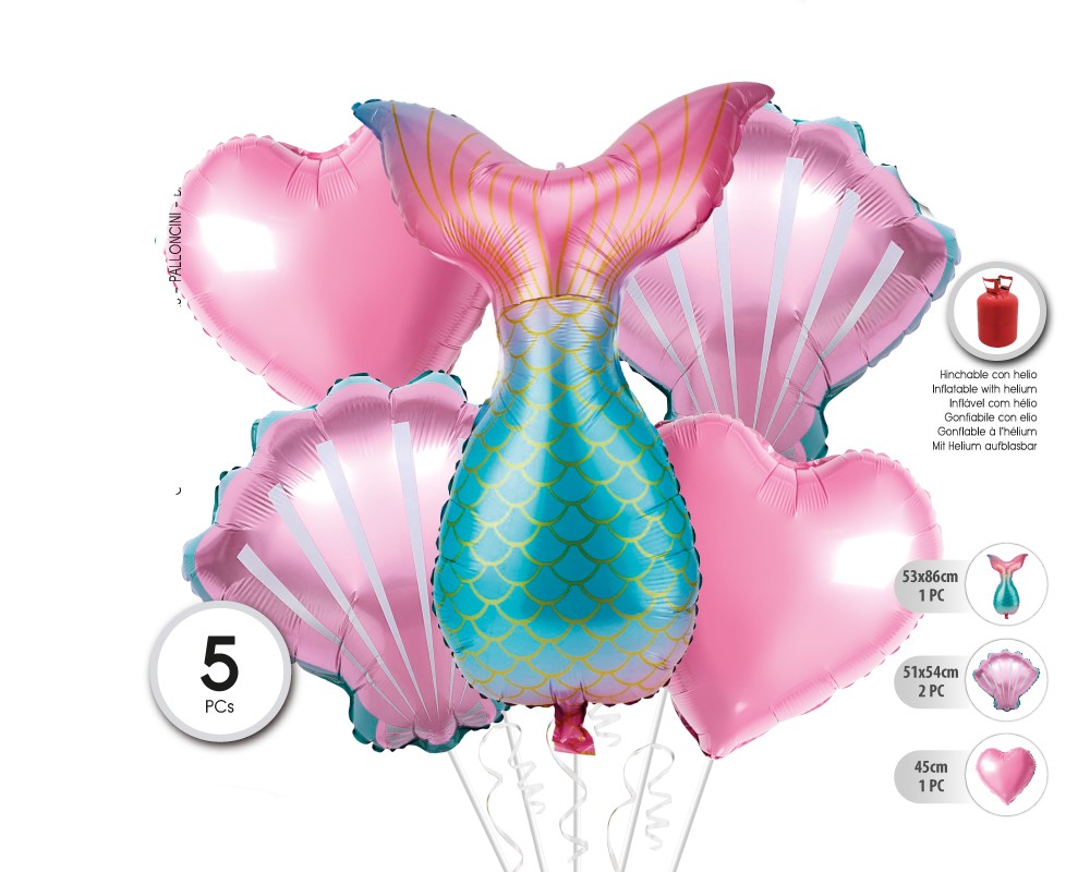 [55011] SET GLOBO MYLAR SIRENA 5PC (SIN HELIO)