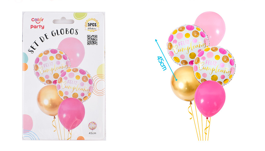 SET DE GLOBOS CUMPLE ROSA Y DORADO  5 PCS 18"