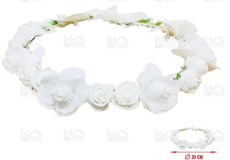 CORONA DE 24 FLORES CON LAZO 20CM BLANCO