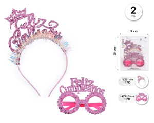 [41421] SET DIADEMA Y GAFAS FELIZ CUMPLE 2PCS FUCSIA