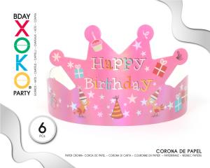 CORONA DE PAPEL ROSA HAPPY BDAY 6PC