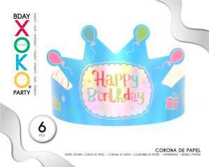 CORONA DE PAPEL AZUL HAPPY BDAY 6PC